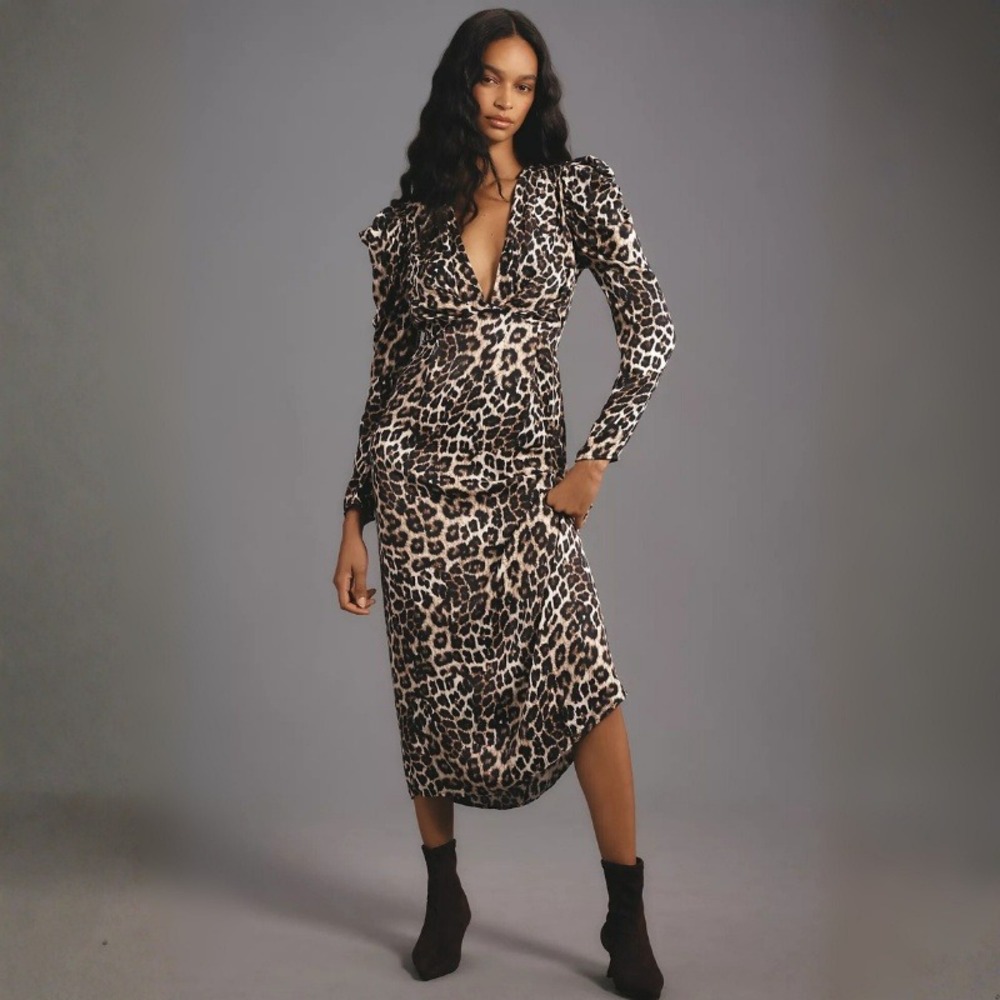 FARM Rio Leopard Midi Dress‎ Size XS V-Neck Puff Shoulder Long Sleeve V-Neck